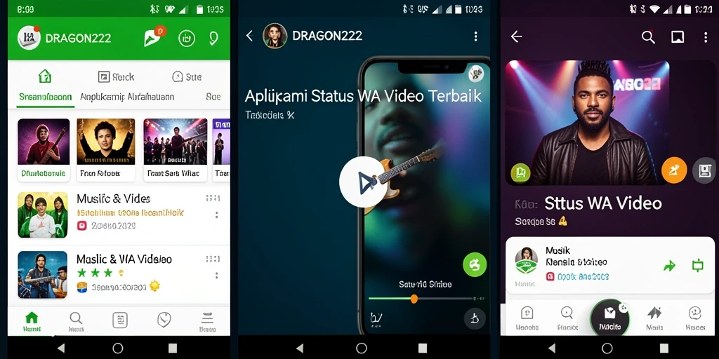 Antarmuka aplikasi DRAGON222 dengan berbagai pilihan video status.